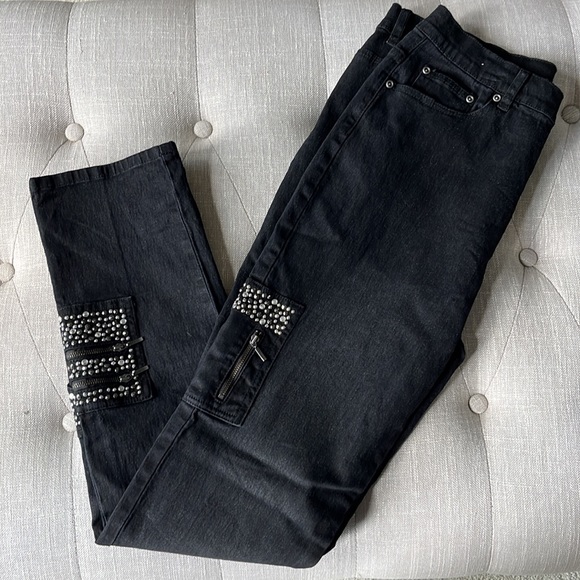 DG2 by Diane Gilman black jeans with rhinestone details - Picture 1 of 11